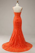 Vestido de fiesta sirena naranja con tirantes finos, encantador vestido de noche Y1760