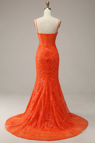 Robe de bal sirène orange à fines bretelles, robe de soirée charmante Y1760