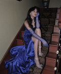 Elegante vestido largo de noche azul satinado, vestido de concurso Y2621