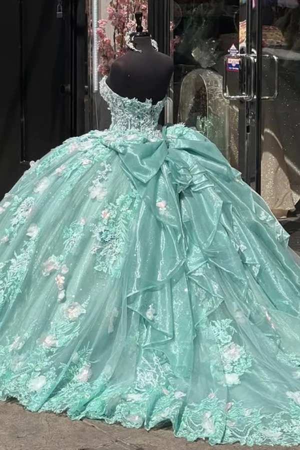 Vestido de baile encantador sin tirantes con apliques de encaje, vestido verde de corte A para cumpleaños o quinceañera Y8246