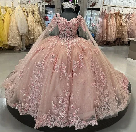 Vestido rosa de quinceañera con hombros descubiertos, flores, apliques de encaje, cuentas, estilo princesa, vestido de fiesta, dulce 16, baile Y2936