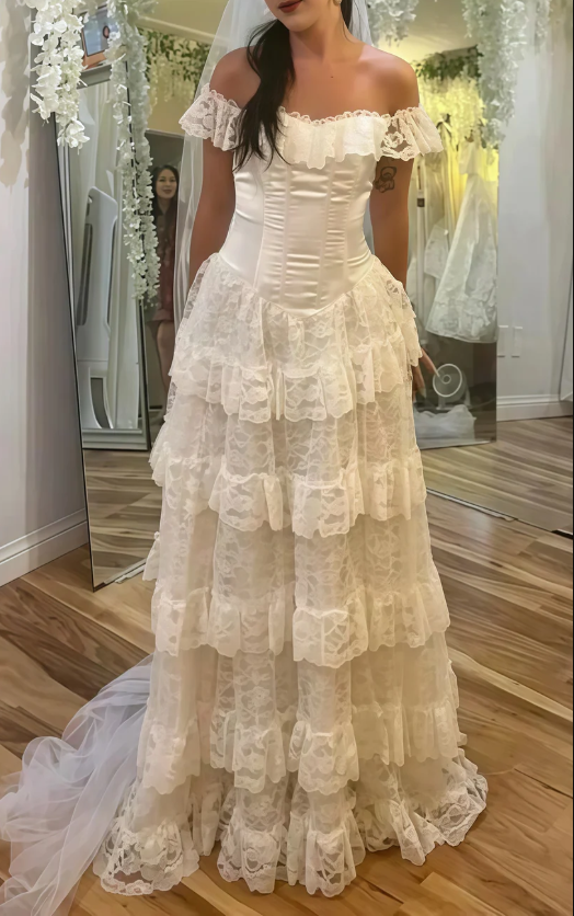 Vestido de novia vintage blanco de encaje con hombros descubiertos y capas, vestido largo de novia con volantes, vestido de fiesta Y8015