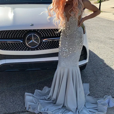 Vestido de fiesta largo de sirena de lujo en satén con diamantes Y7950