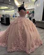 Vestido de gala con apliques rosas brillantes, vestido de princesa rosa Y2341