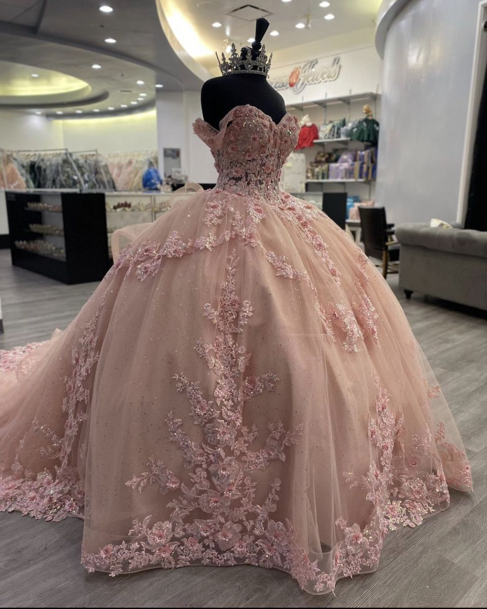Vestido de gala con apliques rosas brillantes, vestido de princesa rosa Y2341