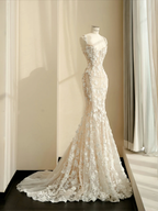 Classy Tulle Lace Appliques Mermaid Prom Evening Dress,Long Wedding Dress Y8681
