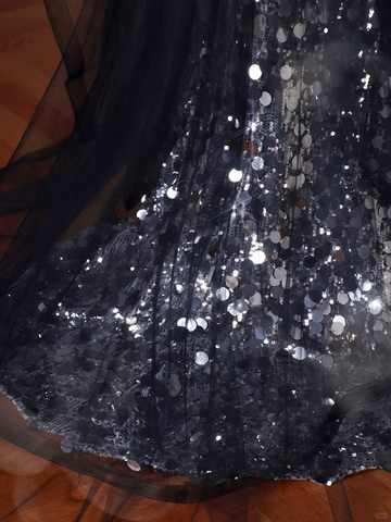 Robe de bal sirène en tulle à paillettes noires, sans bretelles, avec nœud Y8615