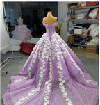 Vestido de quinceañera lila con flores 3D, hombros descubiertos, lujoso vestido de baile Y906