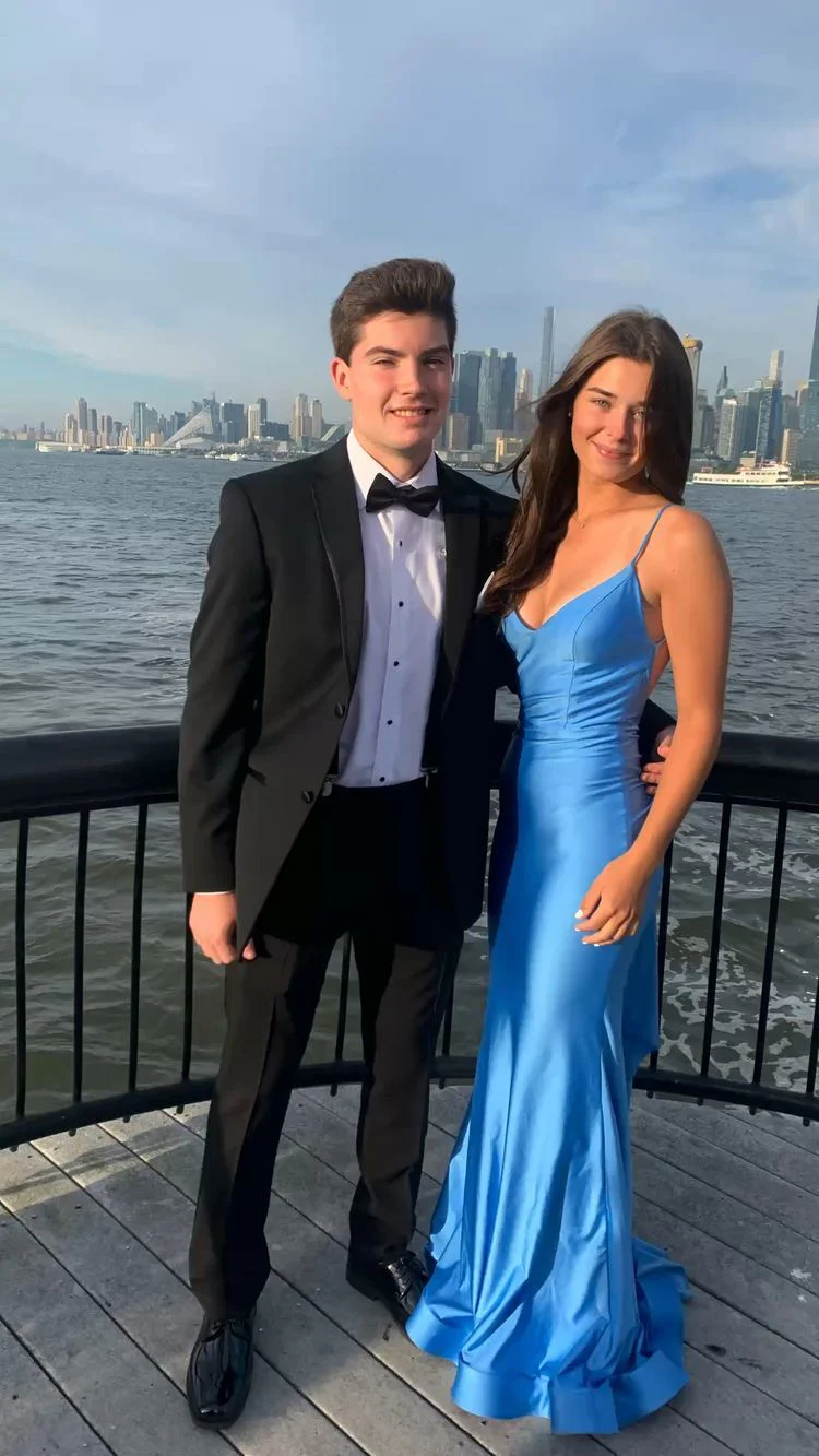 Vestido de fiesta elegante de sirena azul Atlántico sin espalda Y303