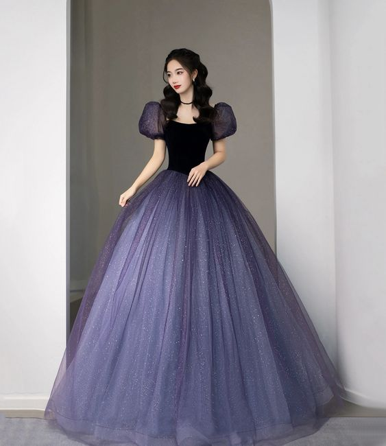Robe de soirée longue princesse en tulle violet à sequins Y5619