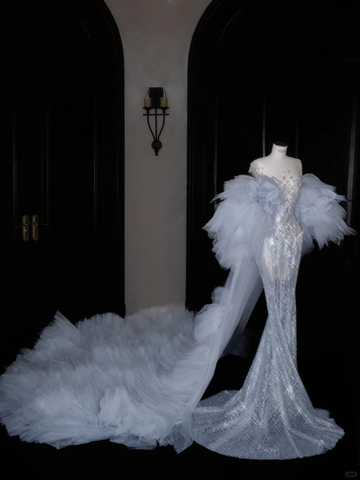 Beautiful Mermaid Sequin Beaded Evening Dress Blue Tulle Prom Dress Y8690