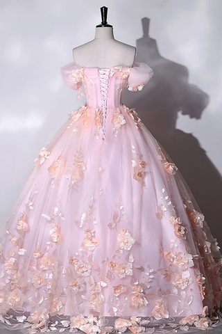 Vestidos de gala formales con escote corazón y flores rosas, vestidos largos rosas para quinceañeras Y6951