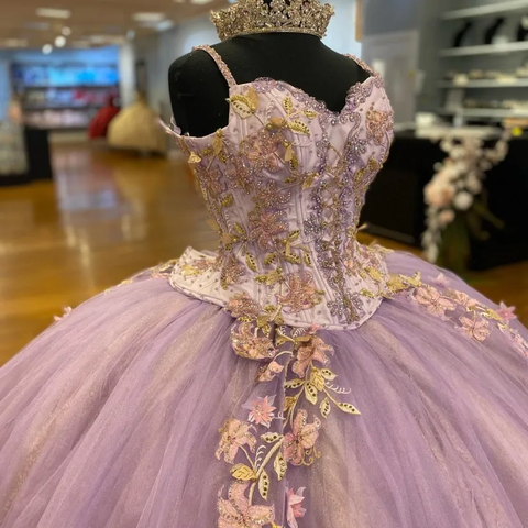 Robe de bal de quinceañera à fines bretelles, ornée de fleurs 3D et d'une courte traîne, doublure en dentelle Y1247
