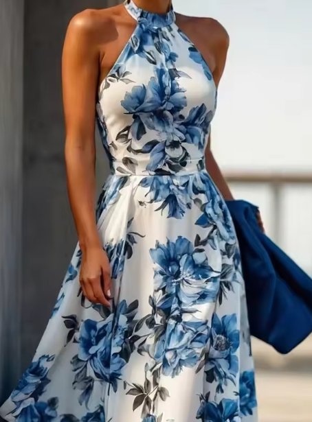 Nouvelle robe de soirée bleue Y8480, sans manches, en satin imprimé floral, col halter, coupe trapèze
