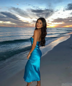 Vestido de noche azul sencillo sin tirantes estilo tubo Y8188