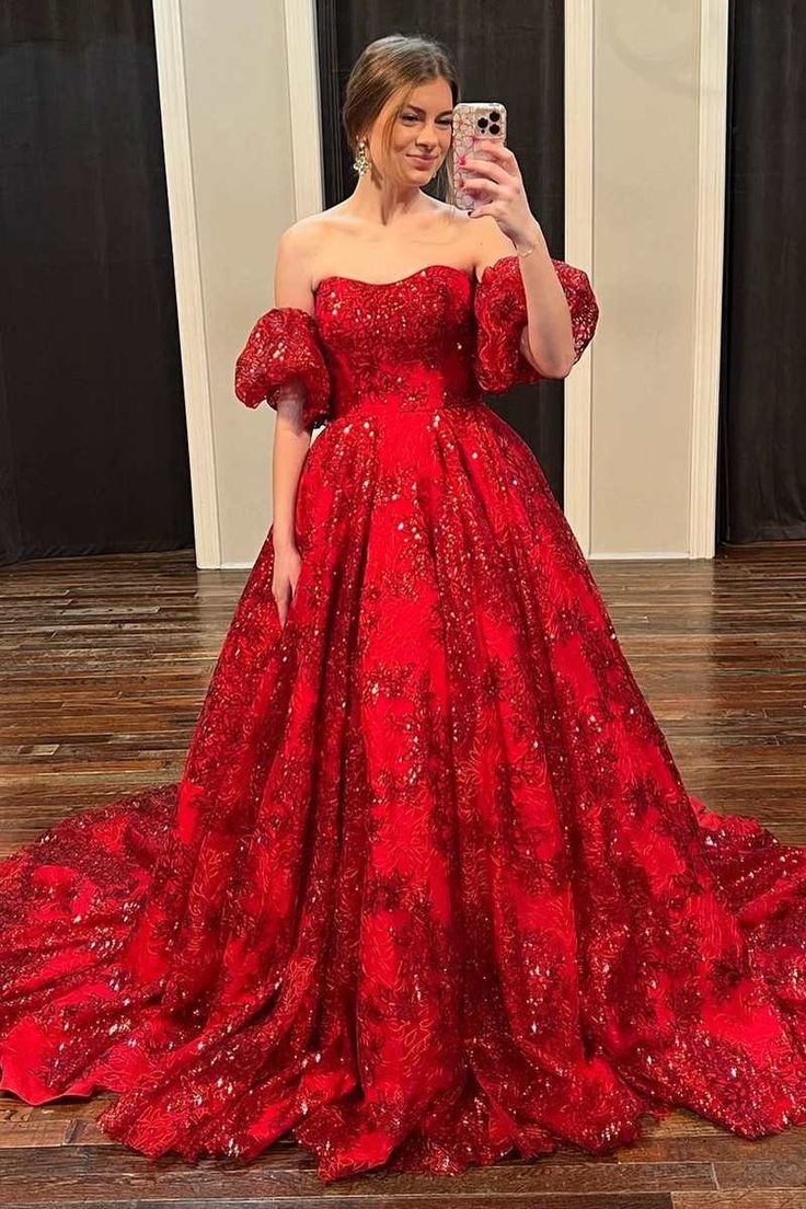 Vestido de baile rojo de encaje floral sin tirantes con mangas abullonadas Y5975