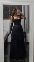 Elegante vestido de noche largo negro de corte A, vestido de gala Y2869