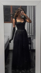 Elegante vestido de noche largo negro de corte A, vestido de gala Y2869