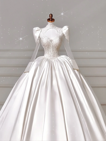 Gorgeous White Satin Lace Appliques A Line Wedding Dress,Formal Prom Dress Y8607