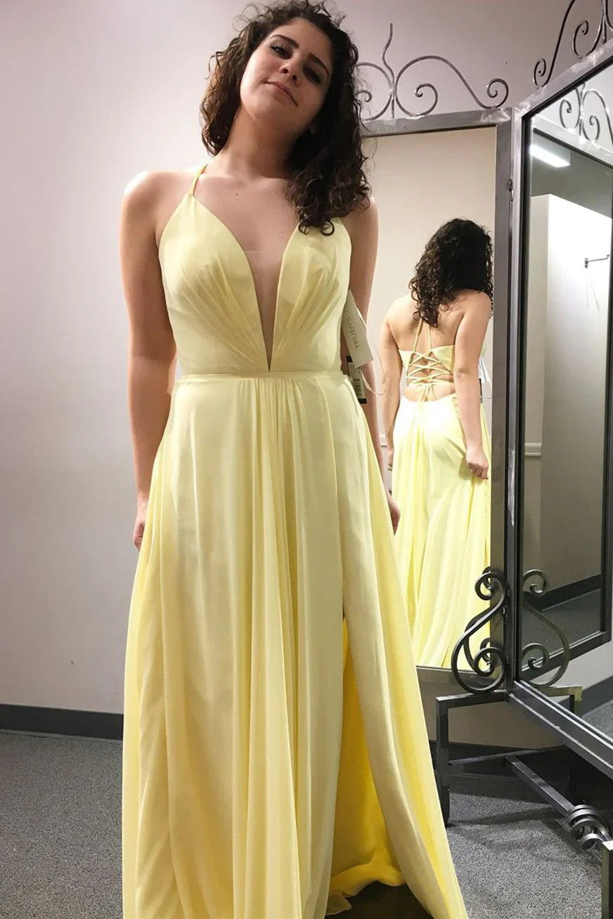 V Neck A-Line Long Prom Dress with Slit VMB65