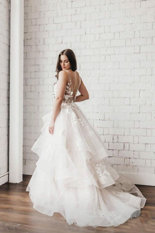 Vestido de novia de corte princesa con escote en V y falda de capas WD345