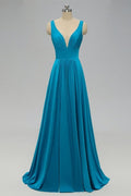 Vestido de dama de honor azul imperio con abertura lateral VMB48
