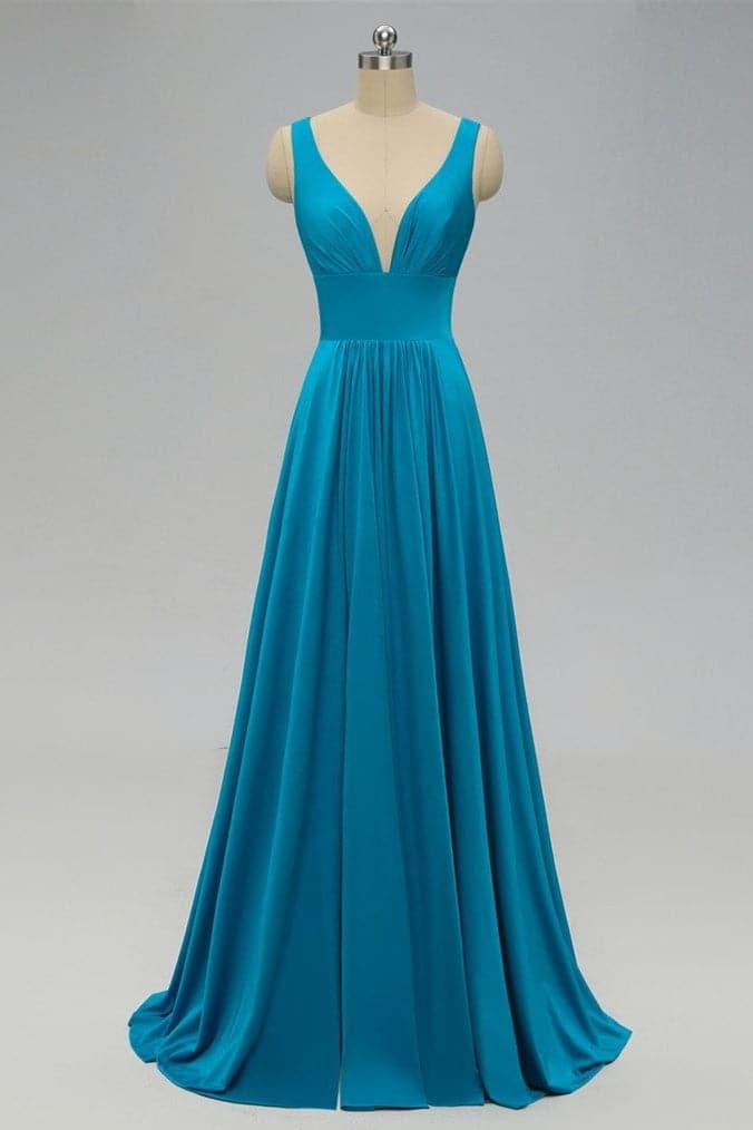Vestido de dama de honor azul imperio con abertura lateral VMB48