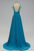 Vestido de dama de honor azul imperio con abertura lateral VMB48