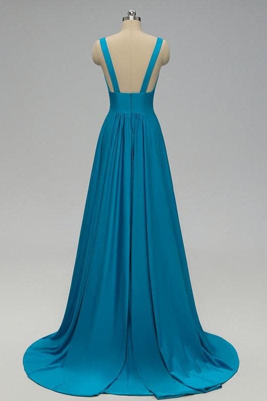 Vestido de dama de honor azul imperio con abertura lateral VMB48