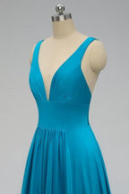 Vestido de dama de honor azul imperio con abertura lateral VMB48