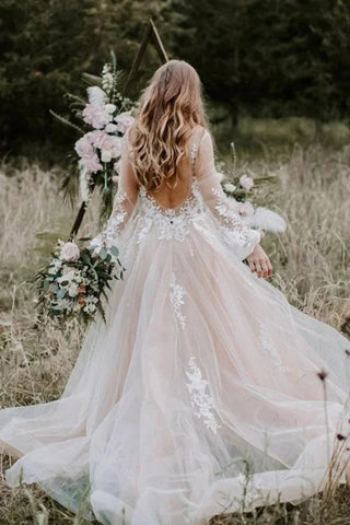 Vestido de novia rústico de manga larga con escote en V WD725