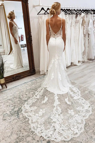 Vestido de novia blanco de sirena con escote en V y tirantes finos WD736