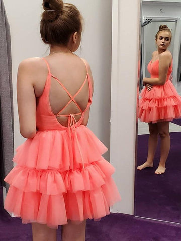Vestidos cortos de fiesta coral con escote en V y capas, vestidos de graduación para baile de bienvenida PD446