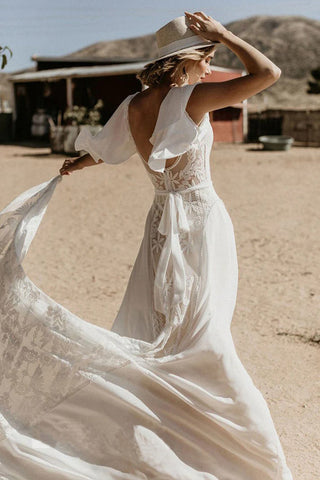 Robe de mariée bohème en mousseline de soie, dos nu et dentelle, col en V WD734