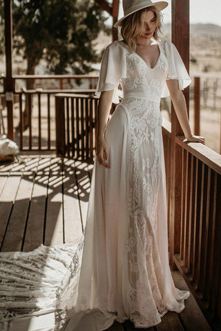 Robe de mariée bohème en mousseline de soie, dos nu et dentelle, col en V WD734