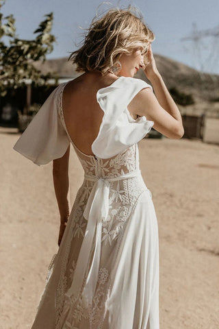 Robe de mariée bohème en mousseline de soie, dos nu et dentelle, col en V WD734