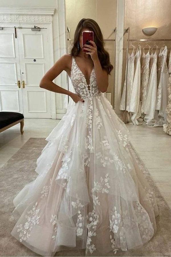 Robe de mariée en tulle froissé, coupe trapèze, dentelle, col en V, longueur au sol WD608