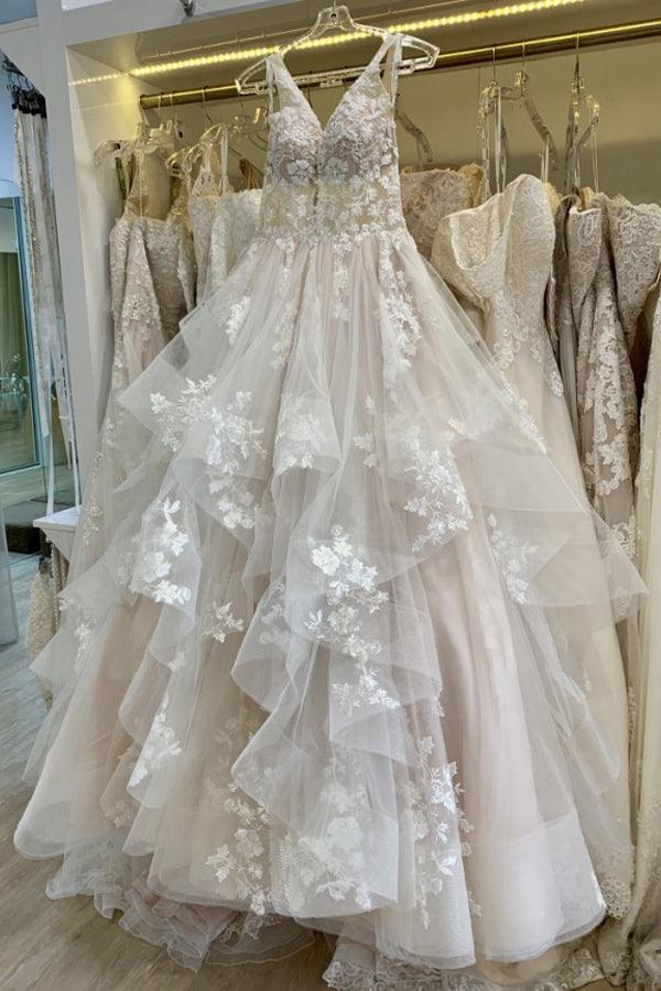 Robe de mariée en tulle froissé, coupe trapèze, dentelle, col en V, longueur au sol WD608