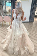Robe de mariée en tulle froissé, coupe trapèze, dentelle, col en V, longueur au sol WD608