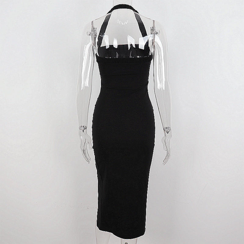 Robe de bal noire dos nu fendue pour femme, robe de soirée sexy sans manches noire Y1161