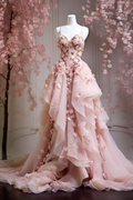 Vestido de fiesta largo de noche con apliques de tul y gasa rosa dulce, tirantes finos Y8327