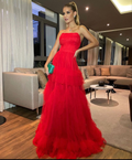 Vestido de fiesta rojo de tul sin tirantes, vestido largo de noche rojo Y2354
