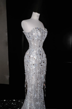 Vestido de noche brillante sin tirantes de tul con lentejuelas y borlas, vestido de sirena con abertura para baile de graduación o boda Y8674