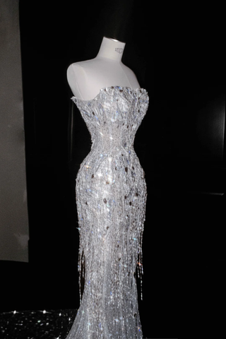 Sparkly Strapless Tulle Sequins Tassel Evening Dress,Slit Mermaid Prom Dress Wedding Dress Y8674