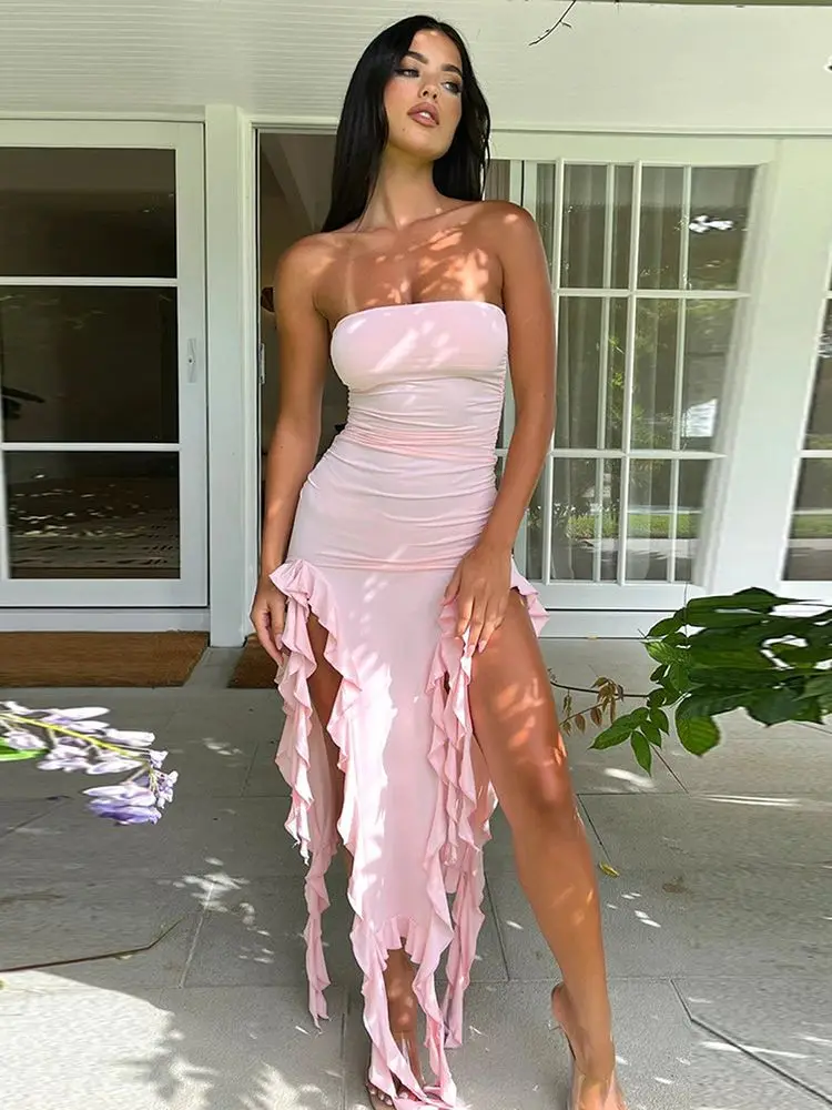 Robe de soirée rose bustier à volants pour femme, moulante et élégante, sans manches et dos nu, idéale pour les fêtes et les clubs (Y6438)