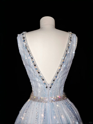 Glamorous V Neck Tulle Beaded Feathers A Line Prom Dress Evening Dress Y8682