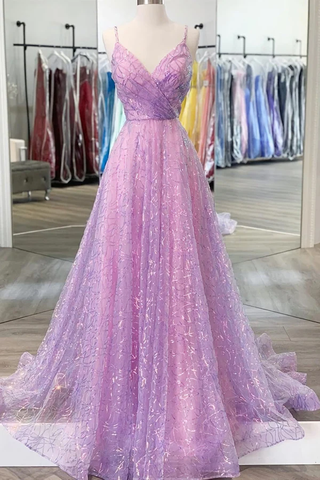 Robe de bal longue violette brillante à col en V et dos nu, robe de soirée de remise de diplôme violette sans dos Y917