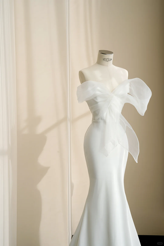 Pretty White Strapless Satin Organza Bow Mermaid Evening Dress,Formal Prom Dress Wedding Dress Y8679