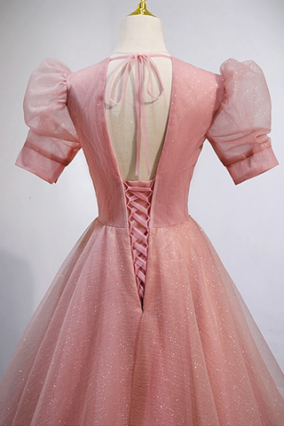Robe de bal longue en tulle rose à col en V, coupe trapèze, manches courtes, Y892