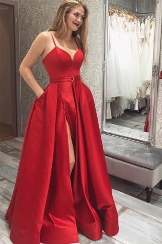 Robe de bal longue rouge satinée à col en V et fente haute, robe de soirée de remise de diplôme rouge à col en V Y220